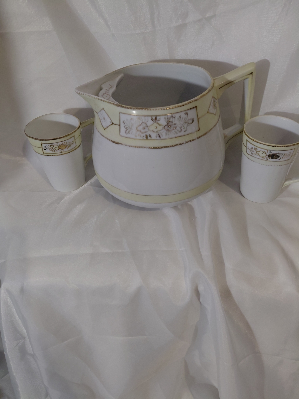 Elegant White and Cream Ceramic Coffee Pitcher Set with Gold Trim